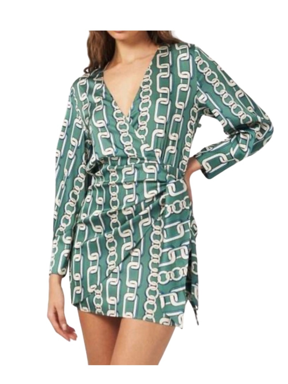 Zara Green Chain Print Satin-Look Wrap Mini Dress Size Small